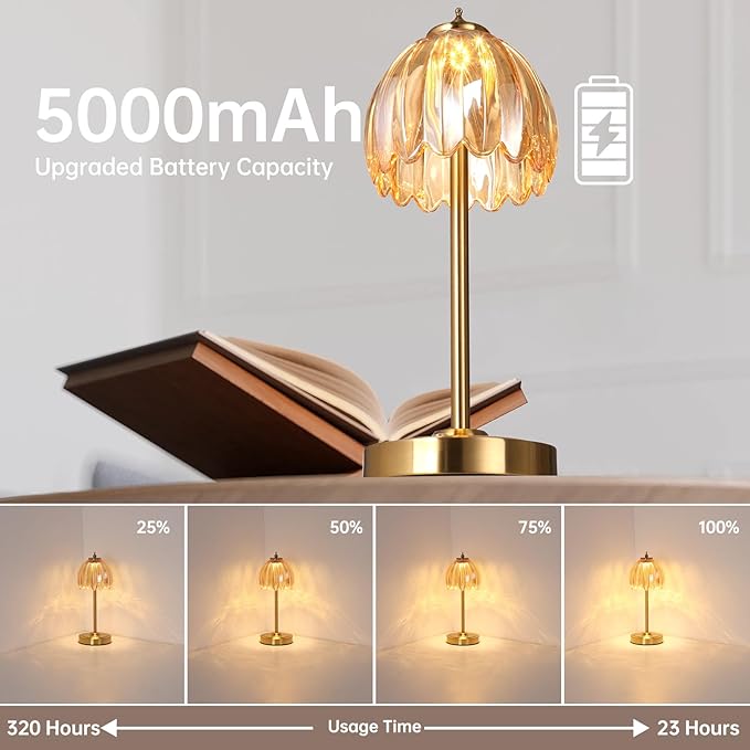 Set of 2 Tulip Table Lamp with 5000mAh Battery & Touch Control, Cordless Small Table Lamp with 3 Colors, Dimmable Rechargeable Table Lamps for Bedroom, Desk, Bedside (Amber Tulip)