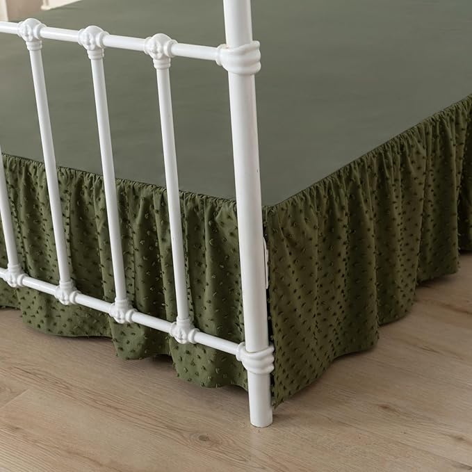 Tufted Dot Bed Skirt Full Size Ruffled Bed Skirt with Split Corners, 14 Inch Drop Dust Ruffle Bed Skirts with Platform, Olive Green