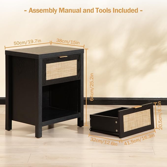 SICOTAS Rattan Night Stands Set of 2, Farmhouse Nightstand Bedside Table with Drawer and Storage Shelf, Boho End Side Table for Bedroom, Small Space, Black Oak