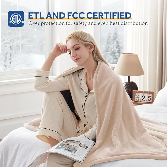Sealy Electric Blanket Twin Size 62"x84", Soft Double Flannel Heated Blanket with 10 Heat Levels & 1-12 Hours Auto Shut Off, Machine Washable, Even Heat Distribution, Beige