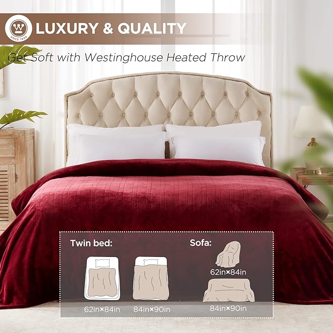 Westinghouse Heated Blanket Full Size - Electric With 10 Heating Levels, 1-12 Hours Auto Shut Off, Fast Warming, Machine Washable (Full, 72x84 Inches, Wine Red)