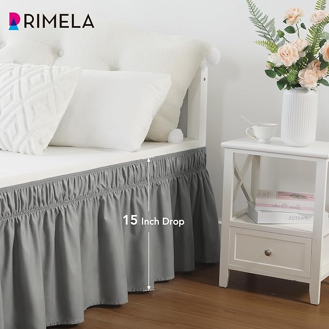 RIMELA Grey Queen Size Bed Skirt 15 Inch Drop,Elastic Bed Skirting, Light Gray Bedskirt for Adjustable Bed Base and Frame, Lightweight Wrap Around Dust Ruffle