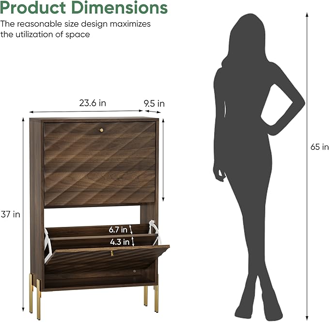 Shoe Storage Cabinet with Textured Diagonal Lines Doors 2 Flip Drawers, Walnut Narrow Shoe Cabinet Storage for Entryway, Freestanding Shoe Organizer Cabinet, Slim Shoe Rack Cabinet