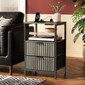 VINGLI Grey Night Stand with Charging Station, Fluted Nightstand Gray with Drawers Fabric, Grey Bedside Table/End Table for Bedroom, 14.96" W*11.81" D*23.78" H