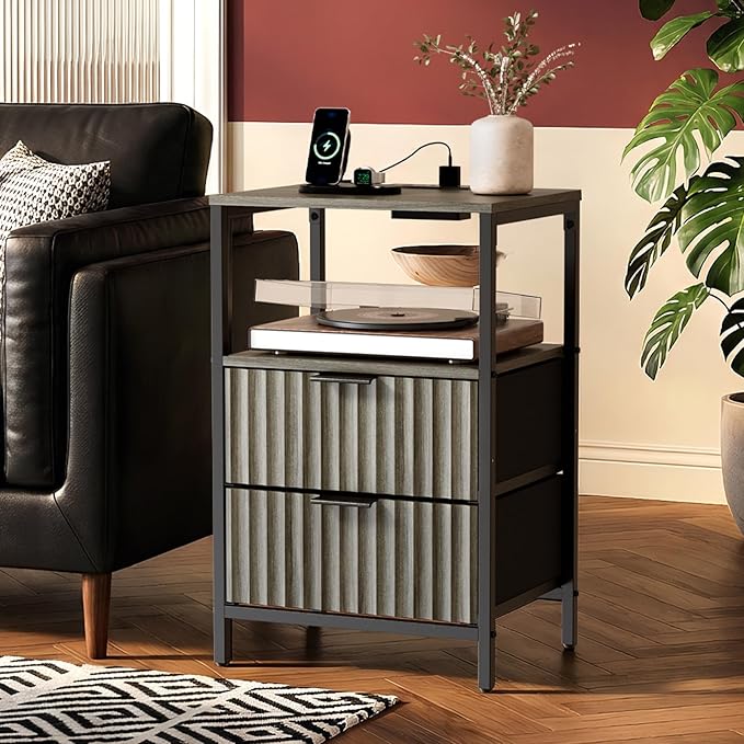 VINGLI Grey Night Stand with Charging Station, Fluted Nightstand Gray with Drawers Fabric, Grey Bedside Table/End Table for Bedroom, 14.96" W*11.81" D*23.78" H