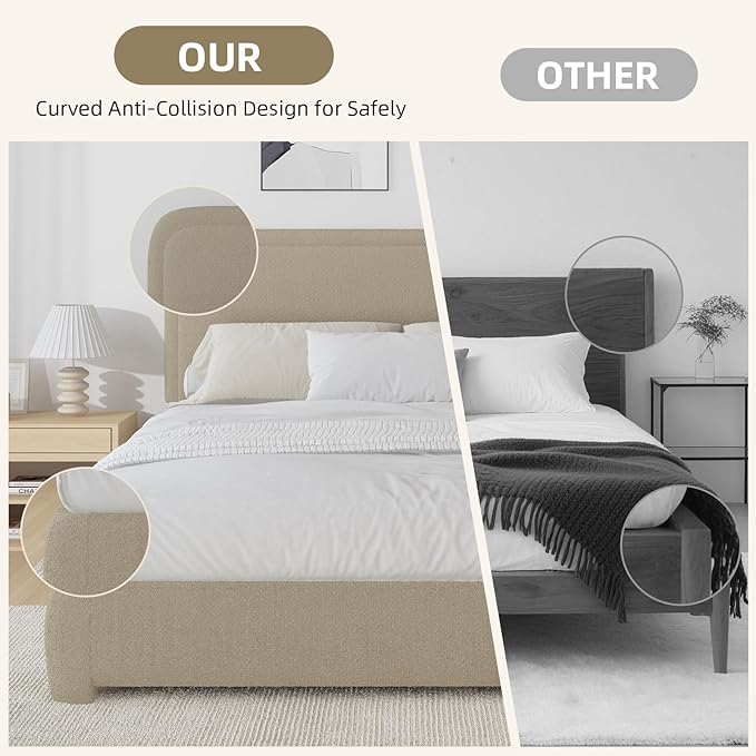 BarnFurin Queen Bed Frame with Headboard, Boucle Upholstered Platform Bed Frame, Luxurious Soft Rounded Corners, No Box Spring Required, Easy Assembly, Beige