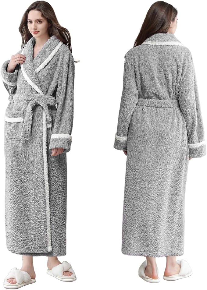 Oksun Womens Long Fleece Robe: Soft Fluffy Warm Bathrobe - Cozy Winter Housecoat Nigthgown with Chic Piping
