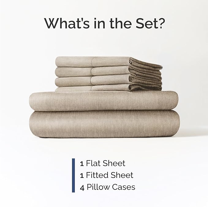 Cal King 6 Piece Sheet Set - Cooling & Breathable - Hotel Luxury Bedding, Includes Fitted Sheet for Women, Men, Kids & Teens - 1 Flat, 1 Fitted Sheet, 4 Pillowcases w/Deep Pockets - Heathered Beige