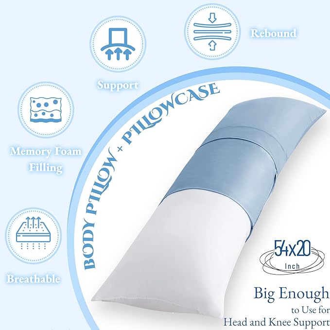 Ubauba Memory Foam Body Pillow with Cover, Full Large Body Pillows Insert for Adults with Envelope Closure Pillowcase, Firm & Fluffy Long Bed Pillows for Sleeping (20x54 inch, Blue)