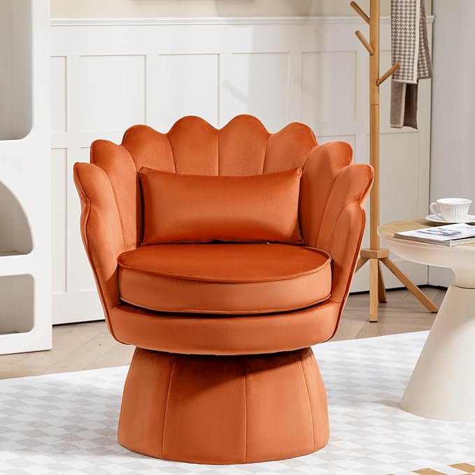 360° Swivel Accent Chair, Mid-Century Modern Velvet Barrel Chair, Comfy Shell Shape Arm Chair with Lumbar Pillow for Living Room, Bedroom, Office, Orange
