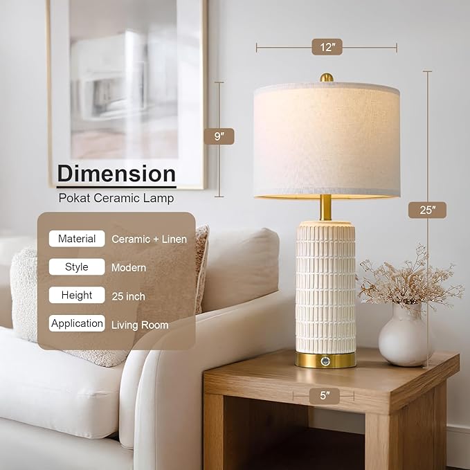 PoKat Touch Bedside Table Lamps with USB Ports for Bedroom Living Room, 25'' Dimmable Nightstand Touch Lamps for Living Room, Modern Ceramic Lamps for Night Stands Bedroom, Office, White and Beige