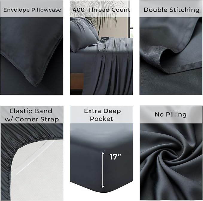 Full Size Sheet Set | 100% Viscose | Organically Grown | Ultra Soft | Cooling Sheets for Hot Sleepers | 17" Deep Pocket [Charcoal Grey]