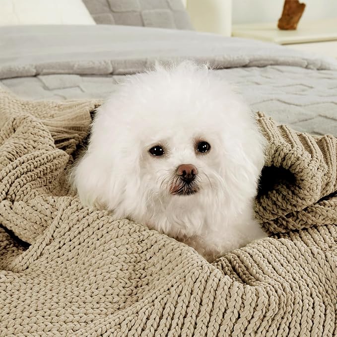 Amélie Home Chevron Chenille Knit Throw Blanket for Couch, Cozy Texture Decorative Soft Blanket for Sofa & Chair, 60"x80", Beige