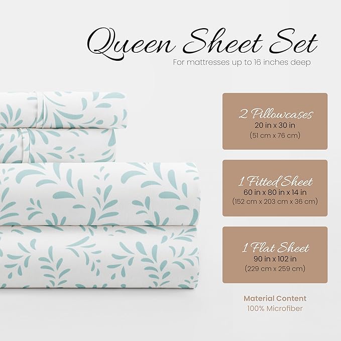 Linen Market Patterned Microfiber Queen Sheet Set 4 Piece – Oeko-TEX Certified Ultra Soft & Wrinkle-Free - 16" Deep Pocket Sheets - Easy Care Queen Size - Burst of Vines Light Blue