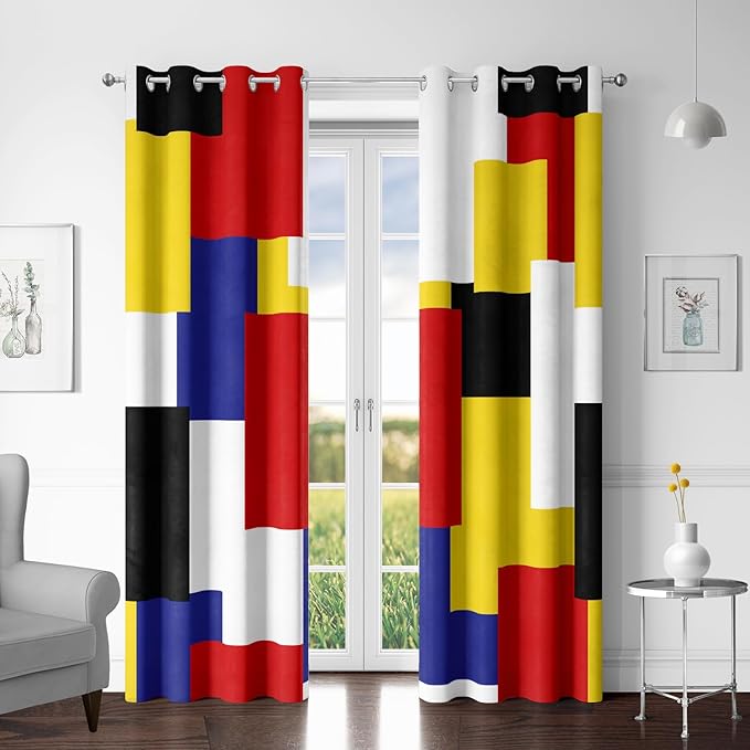 Colorful 100% Blackout Curtains for Bedroom 84 inch Long 2 Panels Set Red Yellow Modern Abstract Geometric Black Out Curtains Insulated Room Darkening Window Drapes for Living Room, 52Wx84L