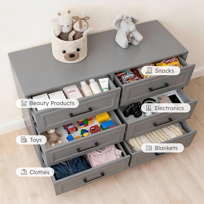Farmhouse Dresser for Bedroom, 6 Drawer Dresser with Unique Solid Wood Legs, Modern Wide Chest Dressers for Clothes, Closet, Living Room, Grey