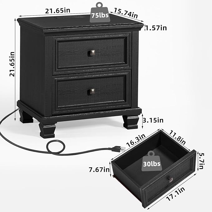Farmhouse Nightstand with Charging Station, Rustic Low Night Stand with 2 Drawers, Mid-Century Modern End Table with 4 Square Solid Wood Legs, Small Dresser for Bedroom, Home, Black