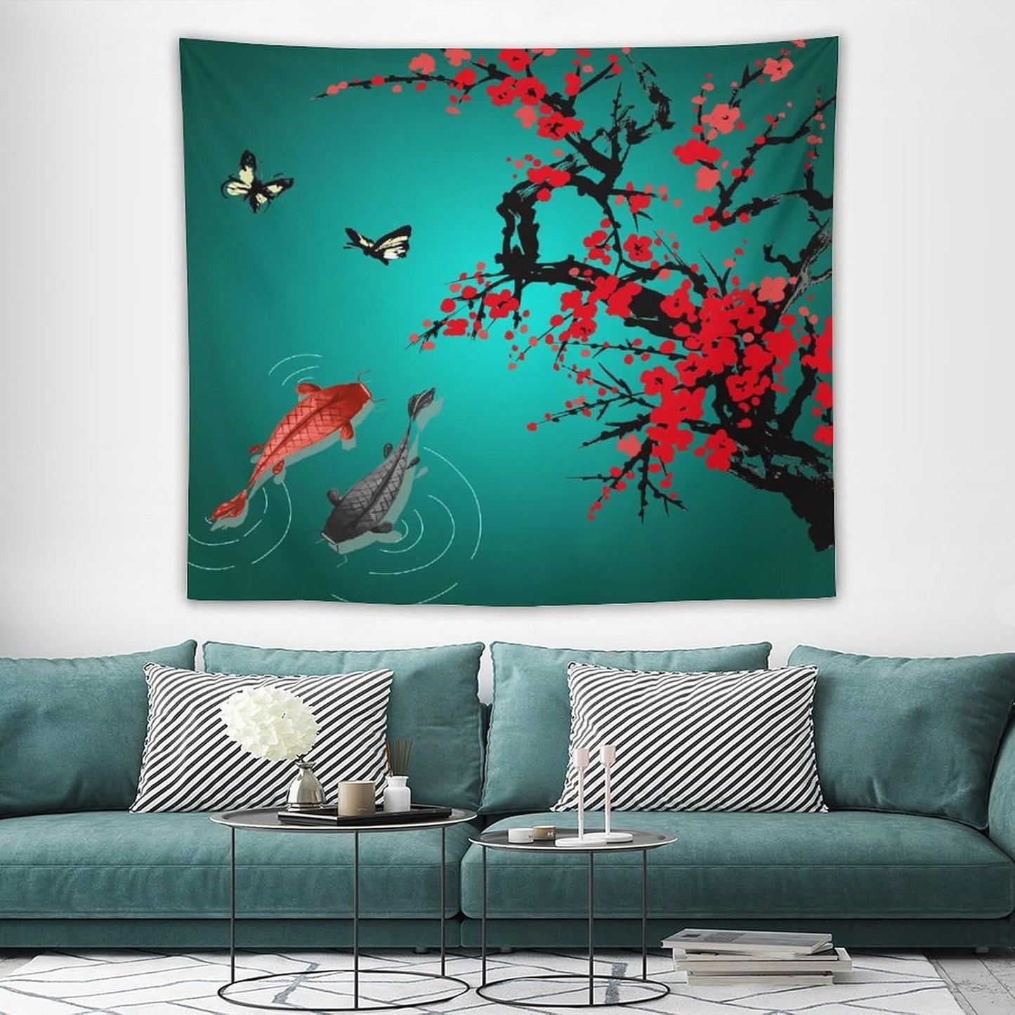 Houselerax Japanese Koi Fish Tapestry, Cherry Blossoms Asian Oriental Green Teal Floral Branch Koi Fish Carp Tapestries Wall Hanging for Bedroom Living Room Office Decor 60"x50"