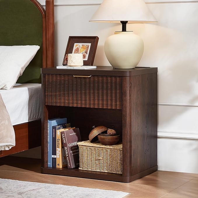 LEYAOYAO Fluted Nightstand with Charging Station, 23" Wide 1 Drawers Night Stand,Walnut End Table with Open Storage,Farmhouse Bed Side Tables, Wood Dresser for Bedroom, Living Room, Closet