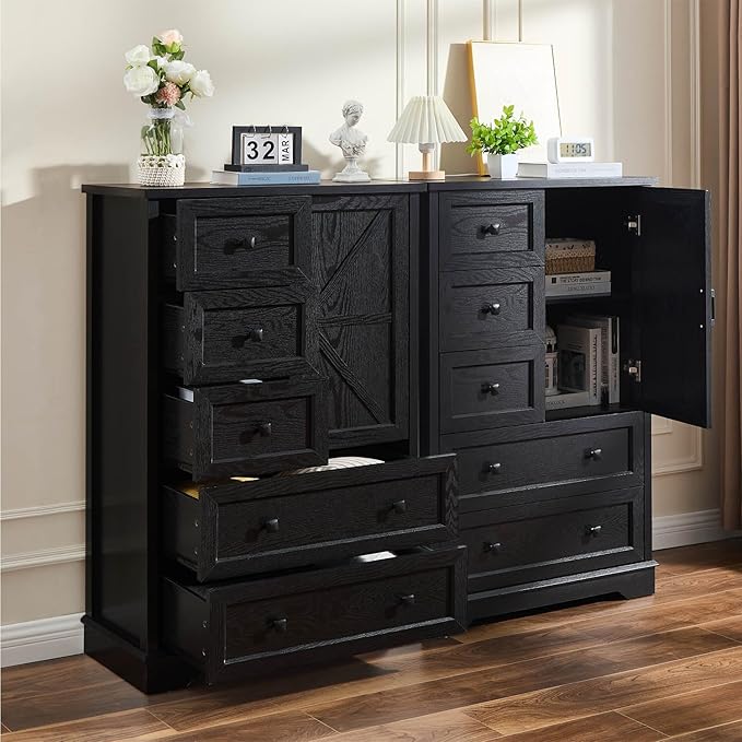 SOOWERY Black Dresser for Bedroom, 5 Drawers Farmhouse Wood Dresser with Double Storage Cabinet, 48 Inches Tall Chest of Drawers for Bedroom, Living Room, Hallway