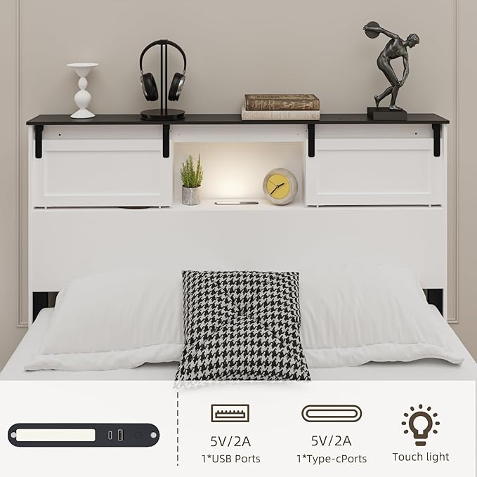 Queen Wood Bed Frame, Sliding Barn Door Storage Headboard with LED Lights and Charging Station, Farmhouse Wood Platform Bed with Metal Slat Supports, No Box Spring Required, Noiseless, White