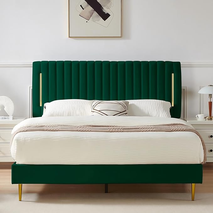 Full Platform Bed Frame, Velvet Upholstered Bedframe with Vertical Channel Adjustable Headboard, Golden Plating Trim, Mattress Foundation with Wooden Slats, No Box Spring Needed, Green