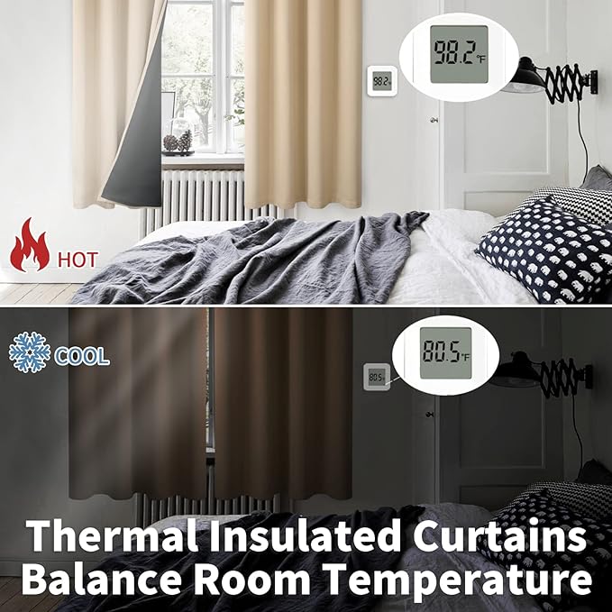 BGment Thermal Insulated 100% Blackout Curtains for Bedroom with Black Liner, Double Layer Full Room Darkening Noise Reducing Grommet Curtain (38 x 63 Inch, Beige, 2 Panels)