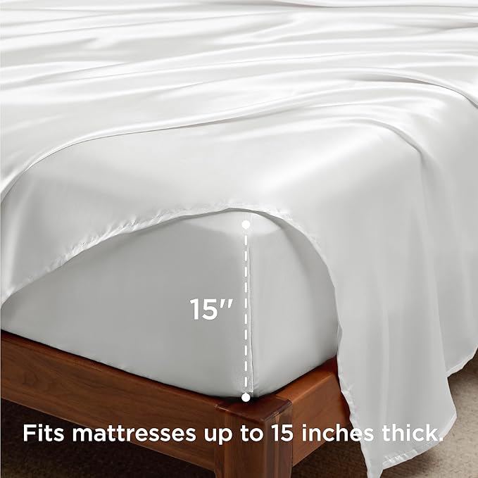 Bedsure White Satin Sheets King Size - 4 Piece Silky Bedsheets with 15 Inches Deep Pocket Fitted Bedsheet,1 Flat Sheet, 2 Satin Pillowcases, Good for Hair & Skin (King, White)