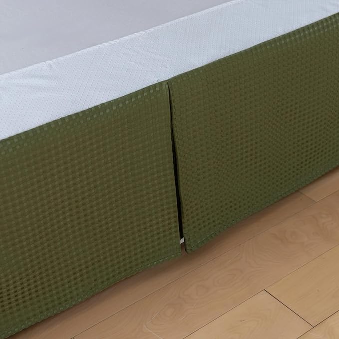 Full Bed Skirt, Wrap Around Bed Skirt with Pleated Corner, 14 Inch Drop Pleated Waffle Weave Bedskirts, Anti-Slip, Microfiber, Green, 14'' Full