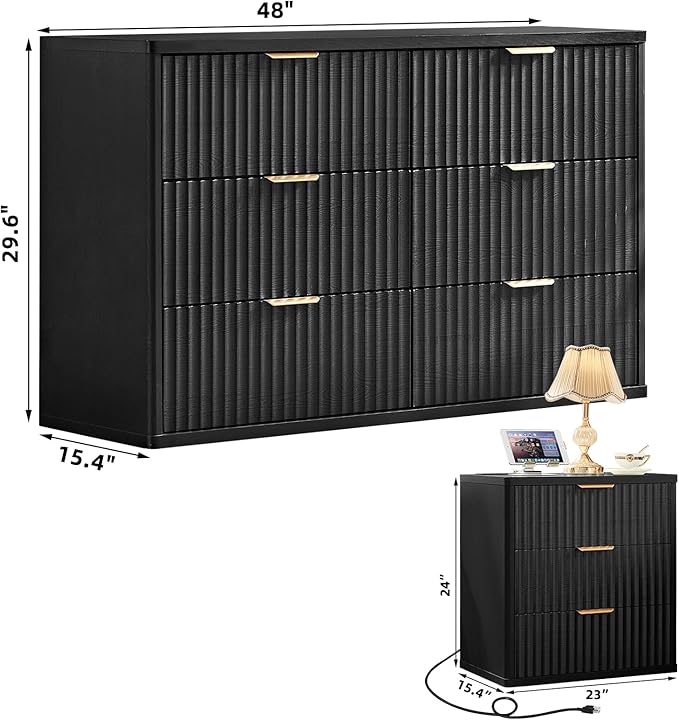LEYAOYAO Fluted Dresser and Nightstand Sets, Wood 48" Wide Dresser & 23" Night Stand with Charging Station, 2 Piece Bedroom Furniture Set, Chest of Drawers for Bedroom, Home, Living Room, Black