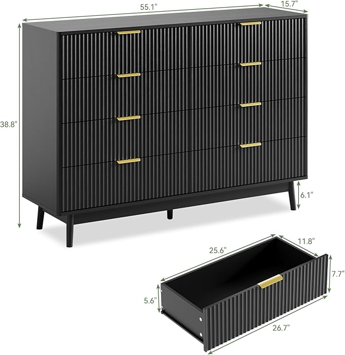 LYNSOM Fluted 8 Drawer Dresser for Bedroom, 55" Wide Modern Chest of Drawers with Curved Profile Design and Metal Handles, Wood Dresser TV Stand & Storage Organizer for Bedroom, Hallway, Black