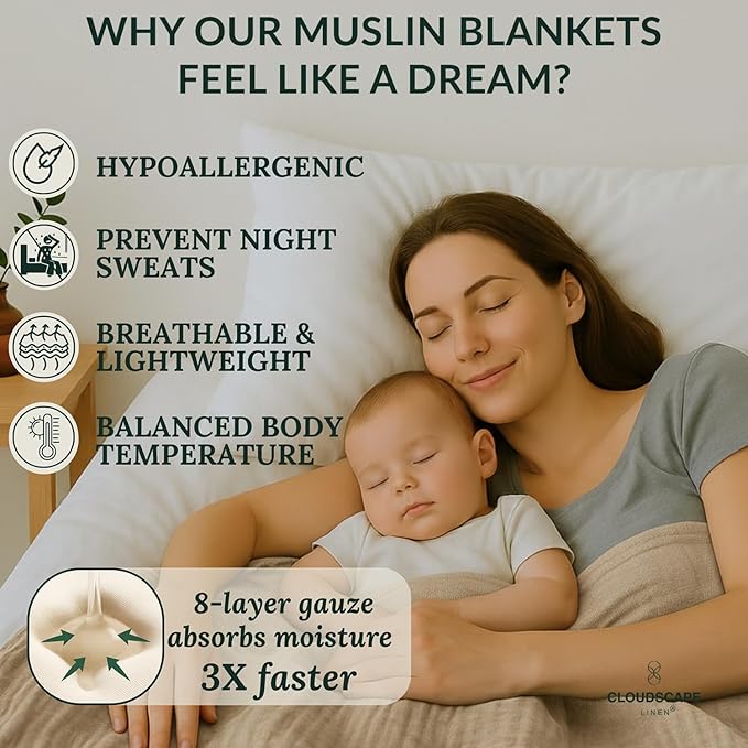 Cloud Scape Linen 8-Layer Muslin Blanket Queen Size - 100% Cotton, Soft and Breathable, Oversized Winter Blanket, Fits up to Full Size Bed, 92x92, Fog