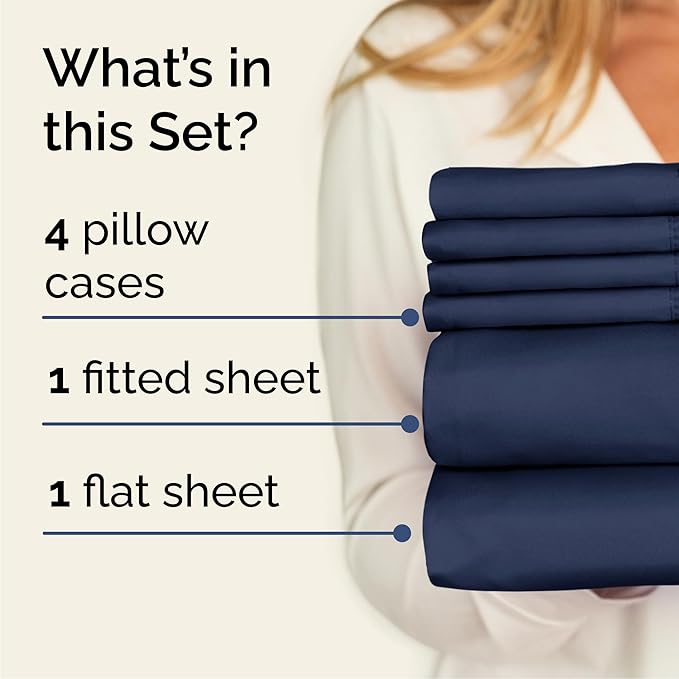 Cal King 6 Piece Sheet Set - Cooling, Comfy & Breathable - Hotel Luxury Bedding, Includes Fitted Sheet for Women, Men, Kids & Teens - 1 Flat, 1 Fitted Sheet, 4 Pillowcases w/Deep Pockets - Navy Blue