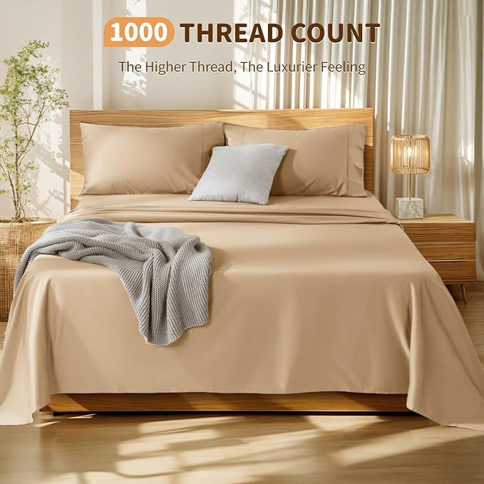 LBRO2M 100% Cotton Sheets Set Deep Pocket 19", 1000 Thread Count King Size 4 Piece Bed Sheet Sets Soft Comfortable Bedding All Season (King, Cream)