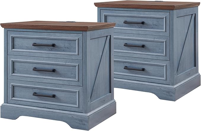 ACCOHOHO Farmhouse Nightstands Set of 2, 22 Inch Wide End Table with Charging Station & 3 Large Drawers, Rustic Wood Small Dresser Chest of Drawers for Bedroom, Living Room, Blue