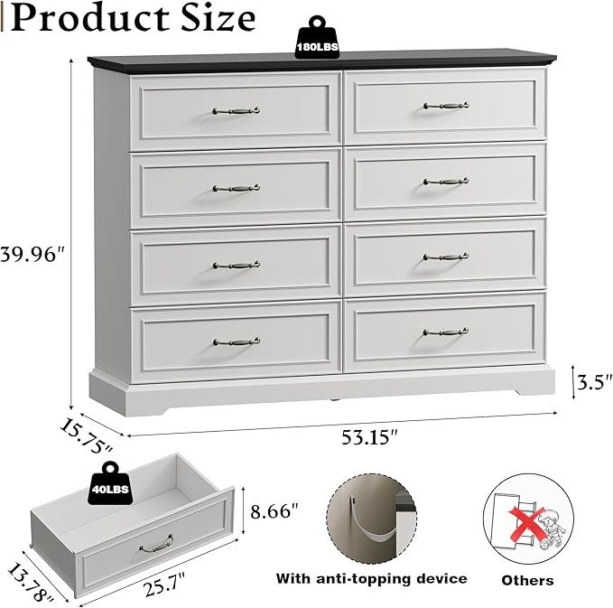 Farmhouse 8 Drawers Dresser for Bedroom, 54" Wide Modern Chest of Drawers with Deep Drawers & Bar Handles, Rustic Wood Dresser TV Stand, Wooden Closet Storage Organizer for Living Room, Hallway, White