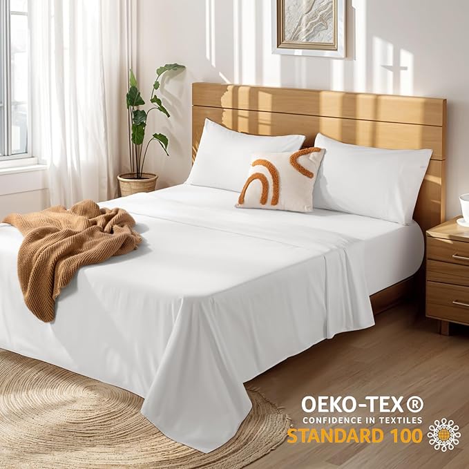 LBRO2M 100% Cotton Sheets Set Deep Pocket 19", 1000 Thread Count King Size 4 Piece Bed Sheet Sets Soft Comfortable Bedding All Season (King, White)