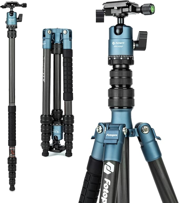 Fotopro 59" Carbon Fiber Travel Tripod, Compact Camera Tripod with Ball Head, Detachable Monopod with Quick Release Plate and Bag, Load up to 8KG/17.63lbs, Blue
