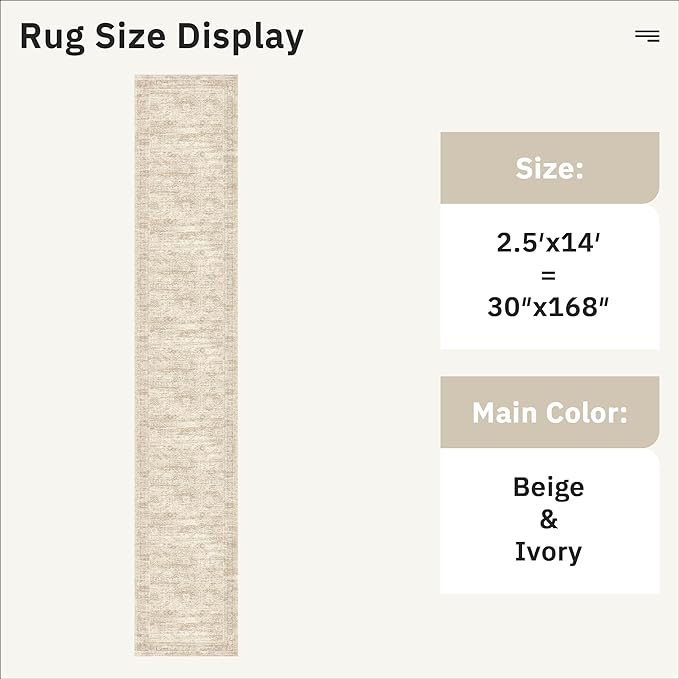 Runner Rug 2'6" x 14' Washable Non-Slip Runner Rugs for Kitchen Bathroom Laundry Room Vintage Ultra Thin Runners for Hallway Entryway Beige