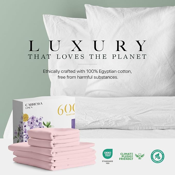 Carressa Linen 100% Egyptian Cotton Split King Sheets Sets for Adjustable Bed - 600 Thread Count 5 PC Top Split King Sheets, 16" Deep Pocket Soft Cooling Sheets for Split King Adjustable Bed - Blush