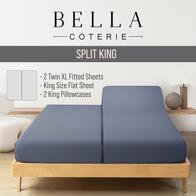 Bella Coterie Luxury Bamboo Viscose Split King Size Sheet Set | 2 Fitted Sheets for Sleep Number & Adjustable Beds | 100% Organically Grown | Cooling & Ultra Soft | 18” Deep Pocket [Slate Blue]
