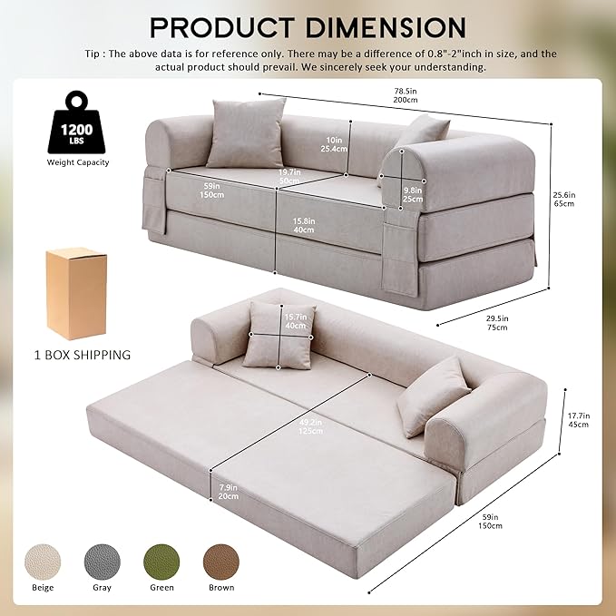 78.5" Convertible Sleeper Sofa Bed, Faux Leather Folding Floor Sofa with Pullout Bed&2 Pillows, No Assembly Modern Boneless Couch Compression Sofa in Box with Storage Pocket for Living Room, Beige