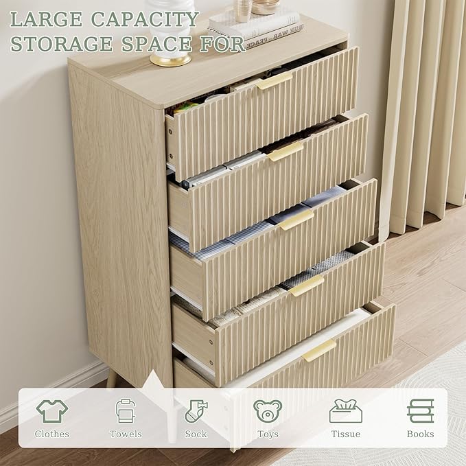 LYNSOM Fluted Dresser and Nightstand Sets 3 Piece, 5-Drawers Dresser and 1-Drawer Nightstands Set of 2, Wood Bedroom Furniture Set for Home, Bedroom, Hallway, Beige