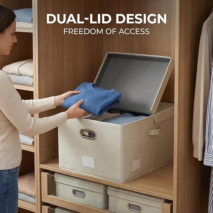 PRANDOM Storage Bins with Lids [3-Pack] Linen Fabric Foldable Storage Boxes Organizer Containers Baskets Cube with Cover Beige (23.4X15.9X11.4)