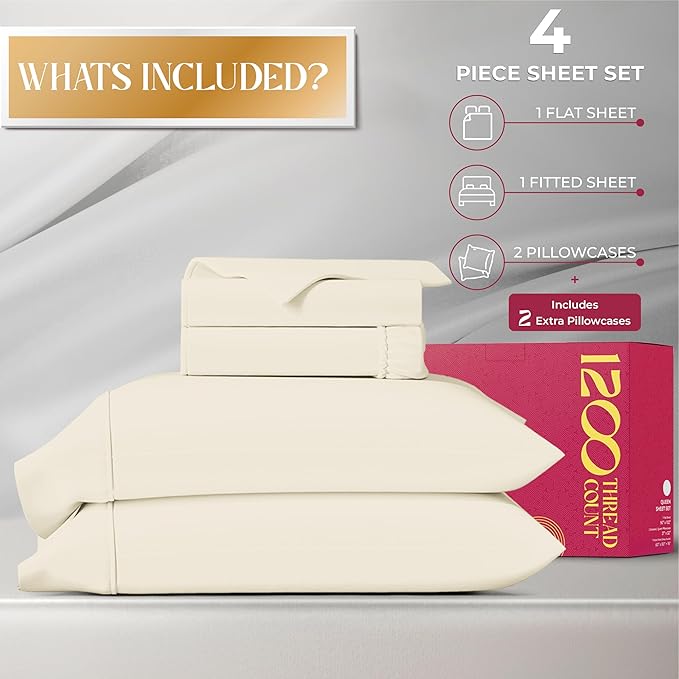 Mayfair Linen 100% Egyptian Cotton Bed Sheets - Luxury 1200 Thread Count Egyptian Cotton Sheets, Soft, Cooling, 17" Deep Pocket Sateen Weave Bedding - 4 PC, King Ivory