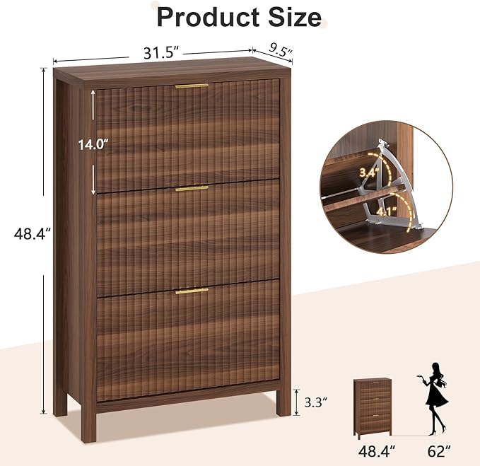Shoe Cabinet Storage for Entryway, Fluted Shoe Cabinet with 3 Flip Drawers, Hidden Shoe Rack Tall Freestanding Shoe Organizer with Legs for Hallway, Walnut