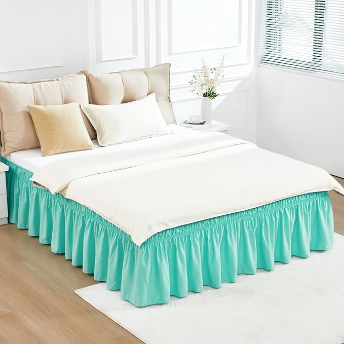 RIMELA Spa Blue Bed Skirt King Size 15 Inch Drop, Elastic Bed Skirting for Bed Base and Frame, Bedding Dust Ruffle Easy to Install, Lightweight Wrap Around Adjustable Bedskirt