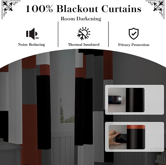 Burnt Orange 100% Blackout Curtains for Bedroom 108 inch Extra Long 2 Panels Set Black Grey Modern Abstract Geometric Black Out Curtains Room Darkening Window Drapes for Living Room, 52Wx108L