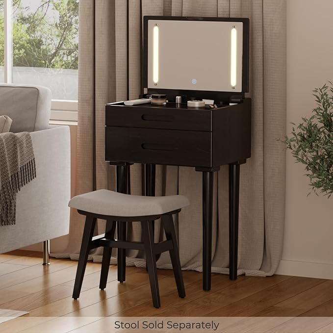 Solid Wood Small Vanity Desk with Mirror and Lights, Narrow Makeup Vanity for Small Space, Flip Top Vanity Side Table, 3 Color Modes & Adjustable Brightness, 19.6" Slim Dressing Table, Black