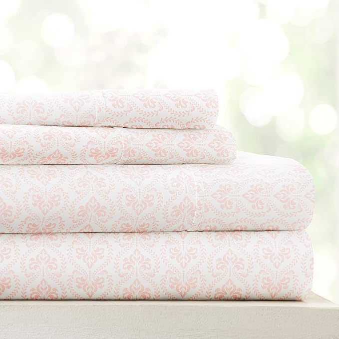 Linen Market Patterned Microfiber Full Sheet Set 4 Piece – Oeko-TEX Certified Ultra Soft & Wrinkle-Free - 16" Deep Pocket Sheets - Easy Care Full Size - Classic in Pink